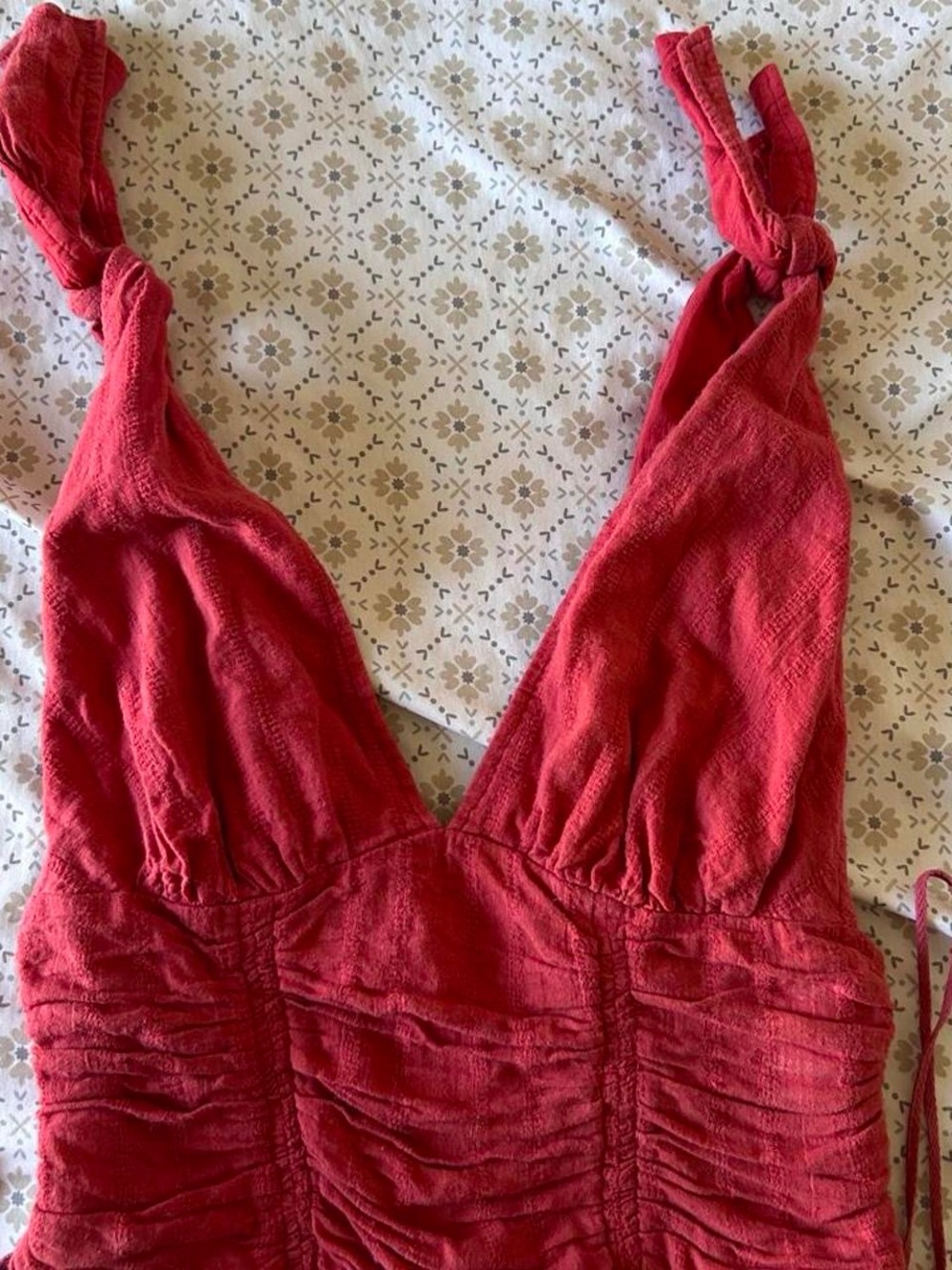 Free People Red Ruched V-Neck Tie-Shoulder Camisole
